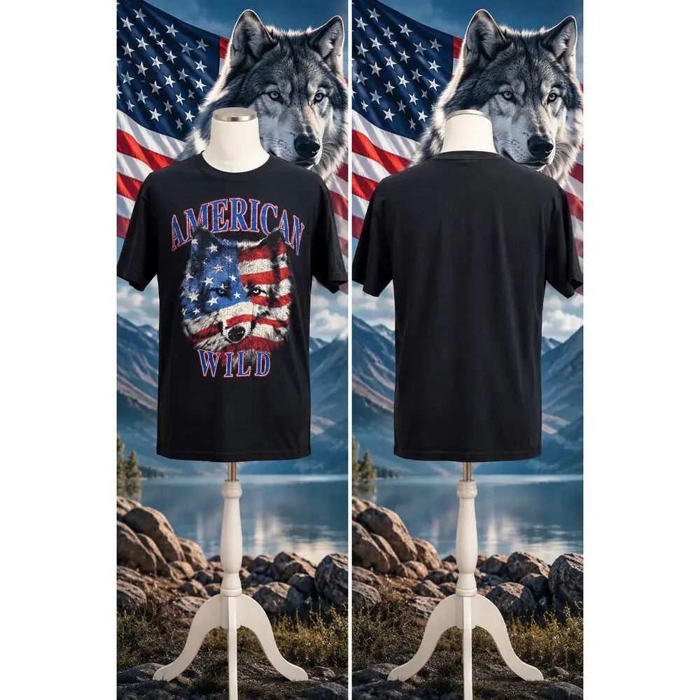 American Wild Patriotic Wolf USA Flag Graphic Tee Black Medium